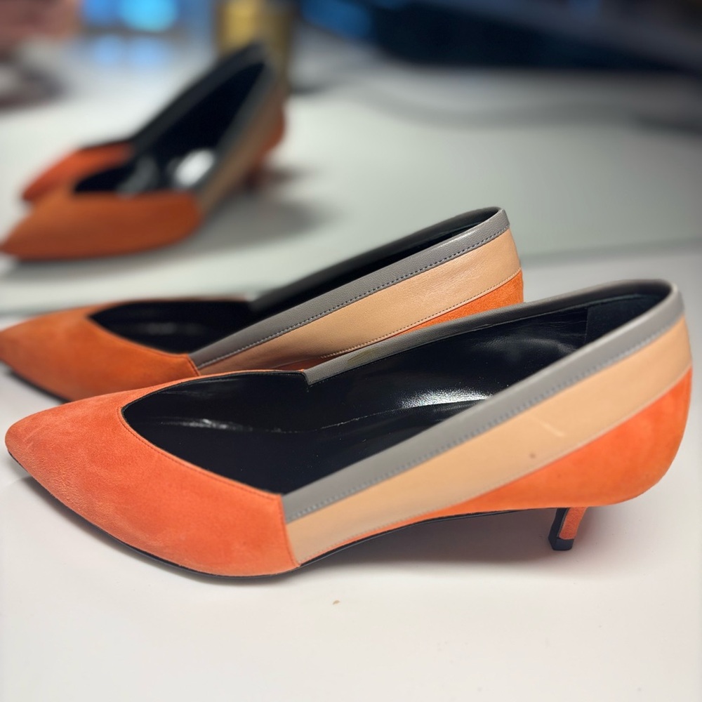Barneys New York Orange and Cream Kitten Heels with Sleek Design
